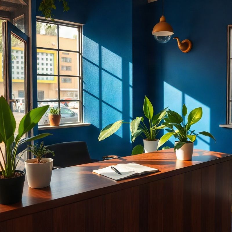 Recepção de escritório acolhedor em Porto Alegre com parede indigo e plantas